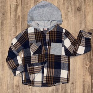 Hooded Plaid Button-Up Shirt Jacket - Gray & Brown